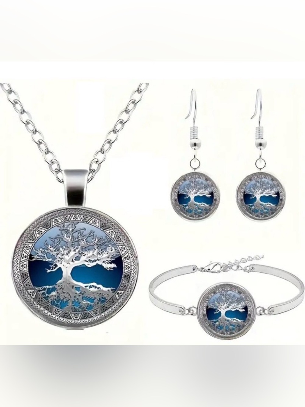 En Vogue Silver Tree of Life Blue Pendant Necklace, Earrings & Bracelet Set -